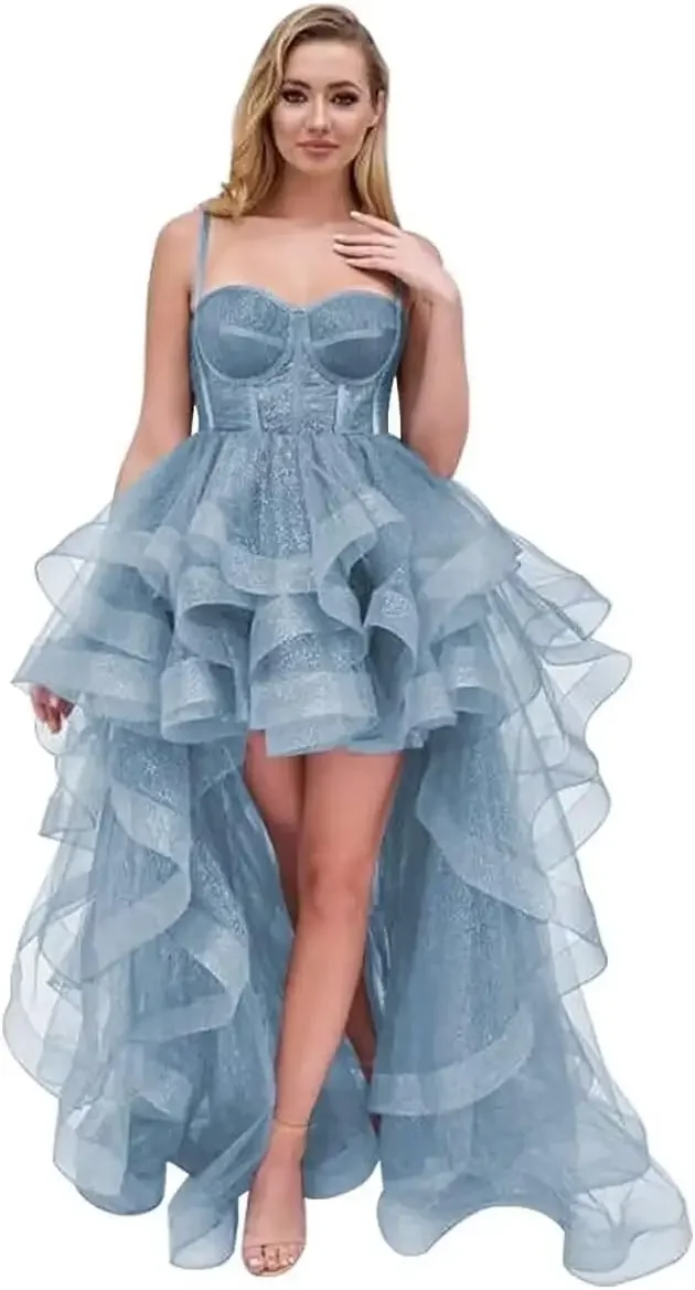 

2026 Ruffles High Low Homecoming Dresses for Teens Graduation Dress Tulle Short Prom Dress Party Dresses Spaghetti Straps