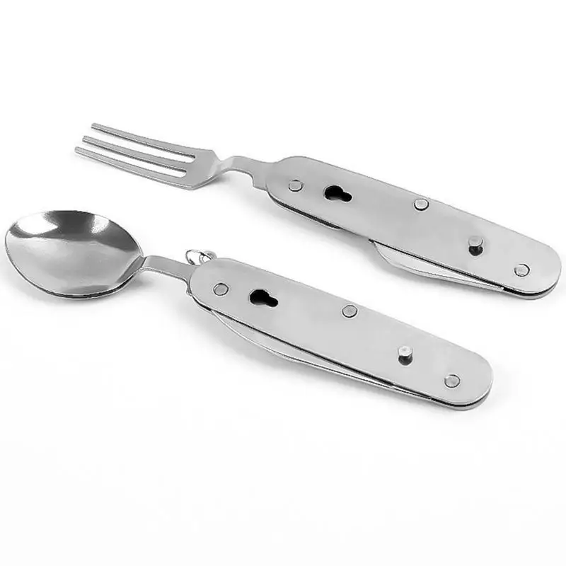 4 in 1 Set di posate da campeggio in acciaio inox pieghevole cucchiaio forchetta coltello apribottiglie Set utensili da campeggio all'aperto stoviglie da Picnic