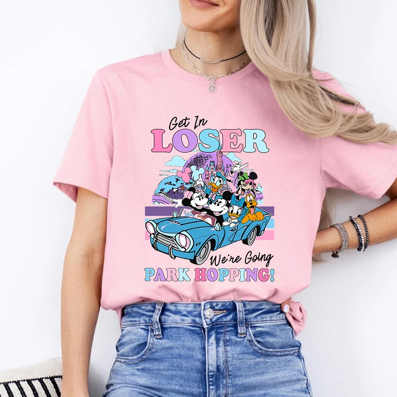 Get In Loser We're Going Park Hopping Mickey and Friends Print Women's T-Shirt Cotton Short Sleeve Casual Top