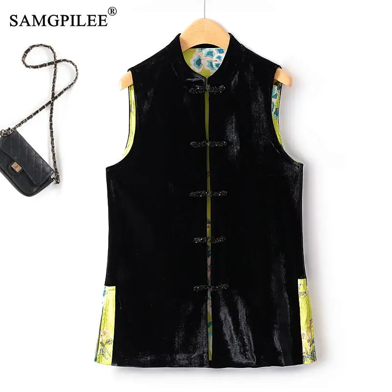 

Autumn Winter Chinese Style Vest Light Luxury Velvet Stitching Drape Printing Buckle Retro Stand Collar Mid Length Waistcoat 4XL