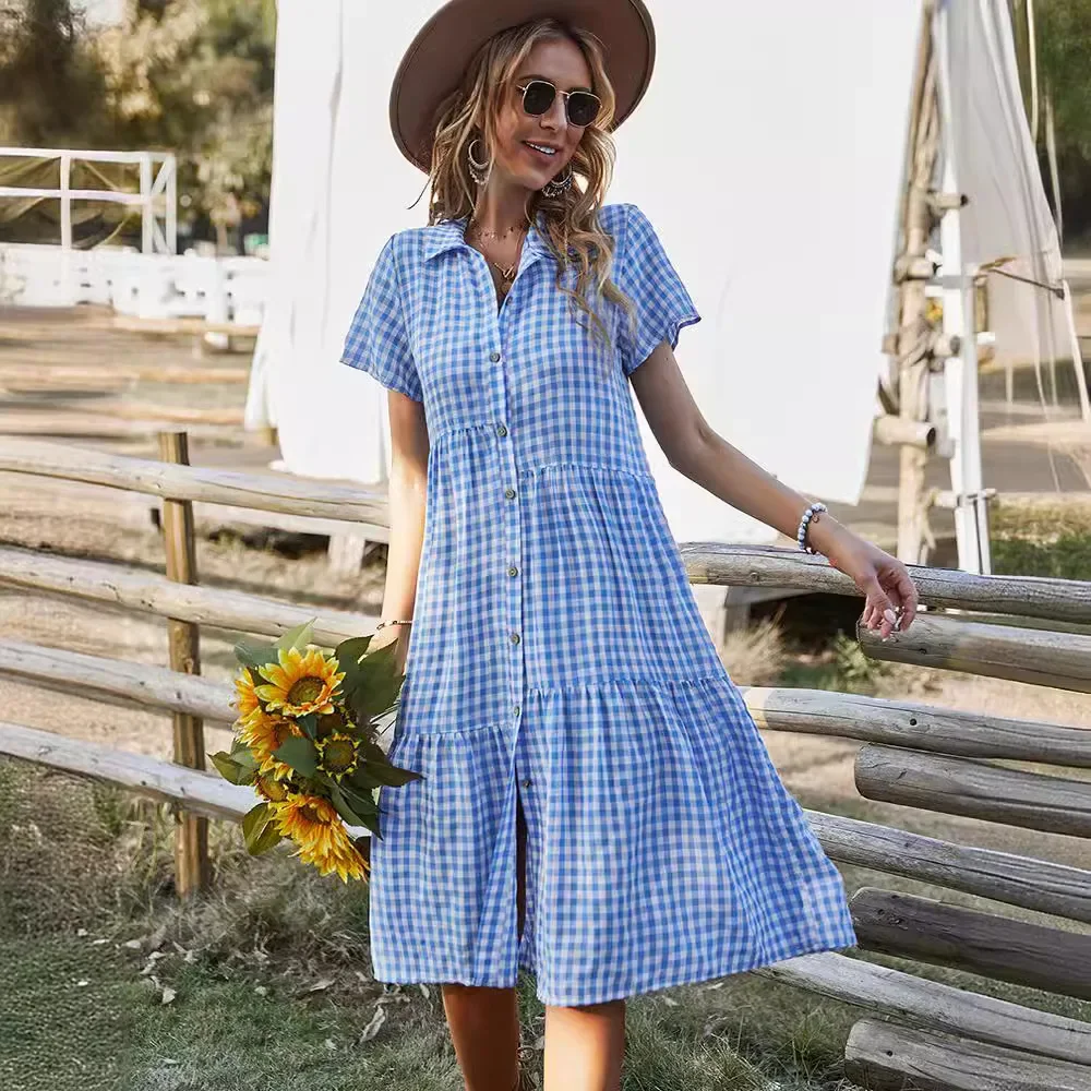 2023 frühling Sommer Neue Mode Kragen Frauen Shirt Kurzarm Kleid Frische Karierten Weiblichen Langen Kleider