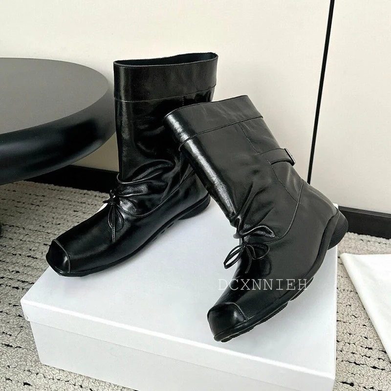 Square Toe Mid Calf Boots Women Flat Genuine Leather Pleated Design Buckle Bow Decor Autumn Winter Shoes Knight Short Boots