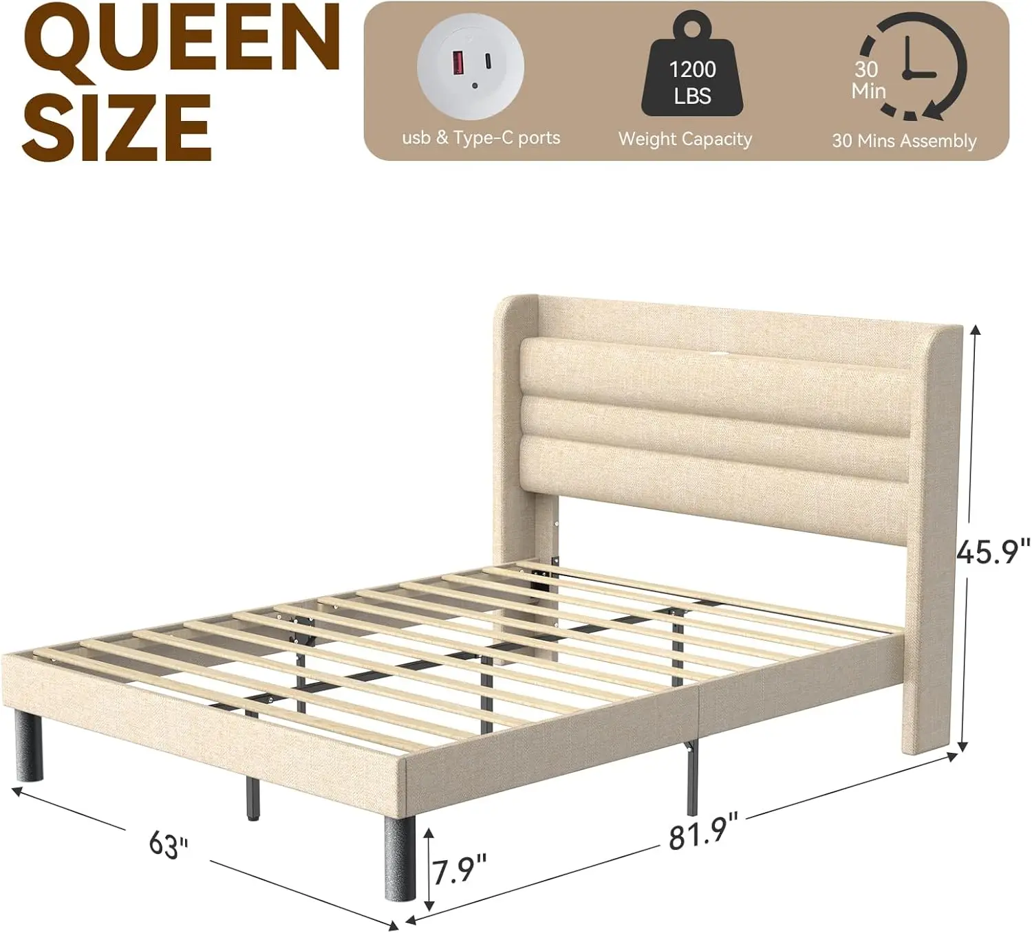 Queen Bed Frame with Charging Station, Type-C & USB Ports, Linen Upholstered Bed Frame Queen Size with Wingback