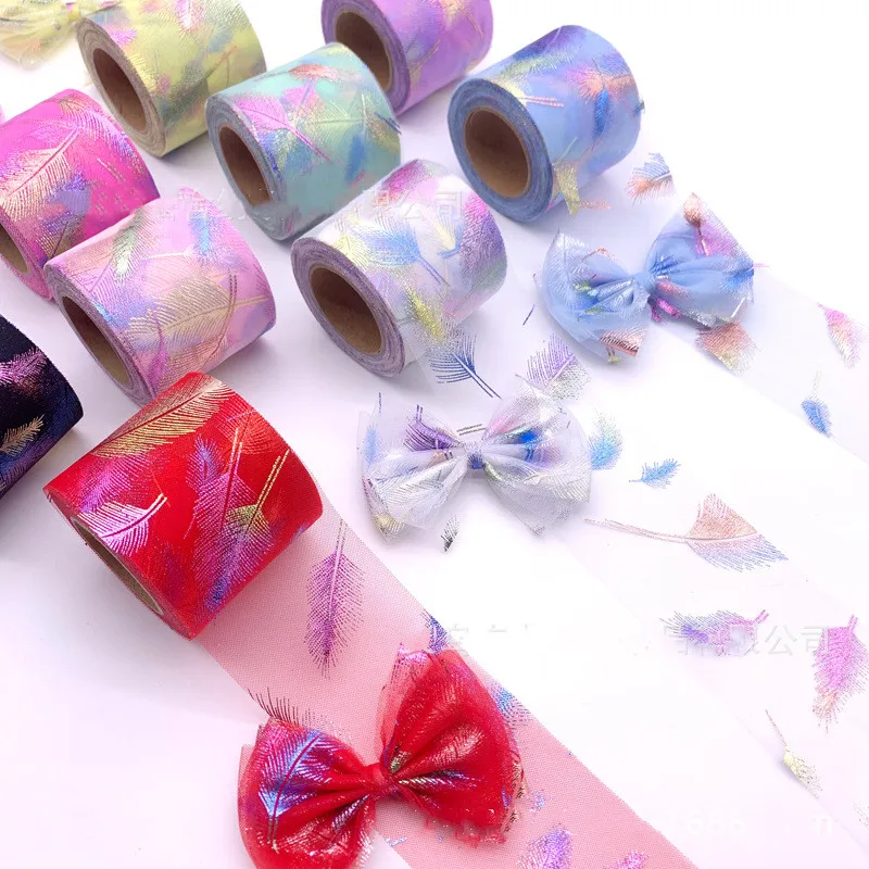 

25 Yards Bronzing Colorful Feather Tulle Scroll Christmas Ballet Flowers Wedding Decoration DIY Craft Birthday Party Supplies