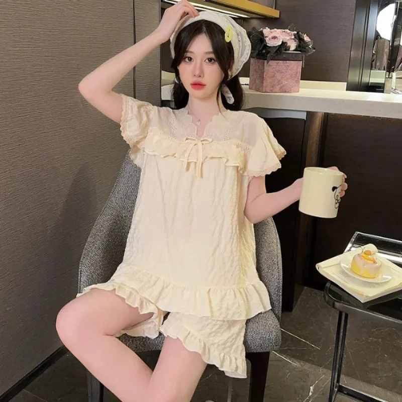 

Plus Size Women's Summer Pajamas Two-Piece Set Princess Style Cloud Cotton Lace Short-Sleeved Shorts Students Loose Homewear