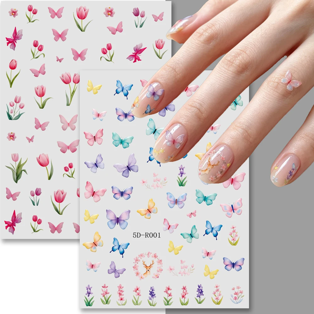 2pcs Embossed Cartoon Butterfly Nail Art Stickers Blue Morpho Butterfly Flower Nail Decals Self-Adhesive Butterfly Decorations