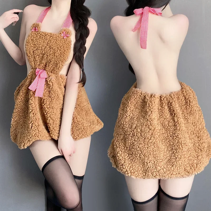 Anime Little Bear Design Cute Plush Backless Dress Underwear Women Kawaii Sexy Lingerie Cosplay Costume Maid Uniform Nightgown