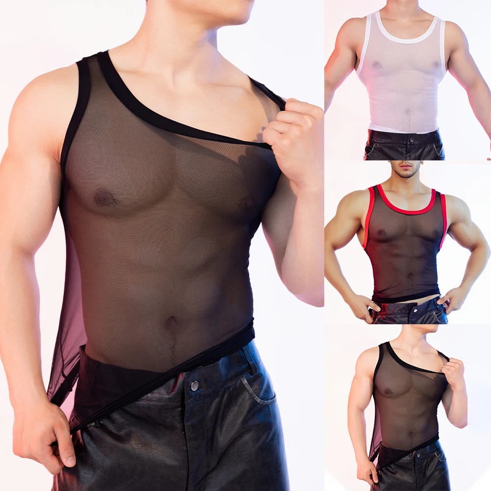 

Mens Transparent See-through Mesh Solid T Shirt Tank Tops Sports Sleeveless Seamless Comfortable Shiny Vest Party Nightclubs