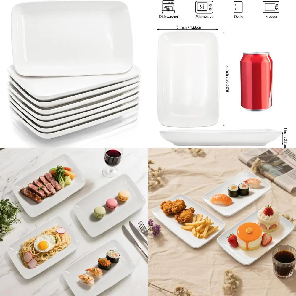 

8 pieces rectangular plates 8 inch porcelain platters, dessert, appetizer, salad plates white serving trays