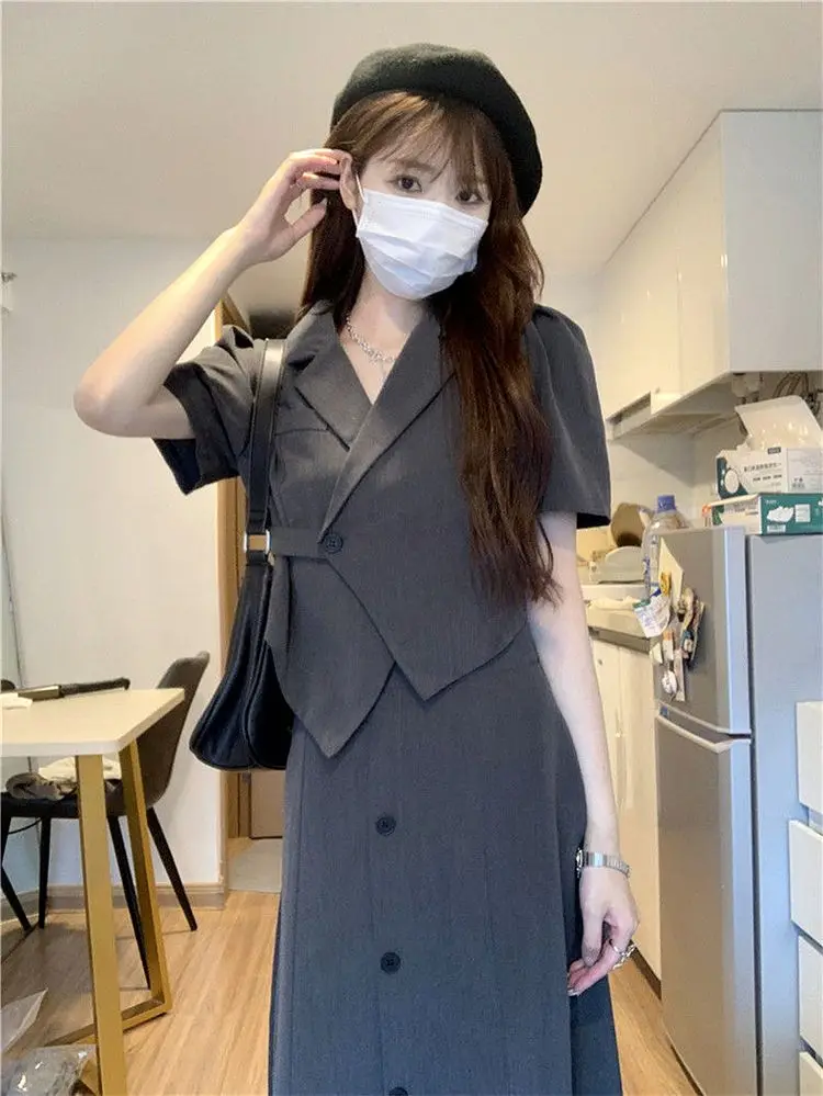 

Элегантный серый комплект: платье-полуюбка и брюки, женский летний модный наряд, комбинация из длинных брюк и топа с коротким рукавом на пуговицах, полиэстер