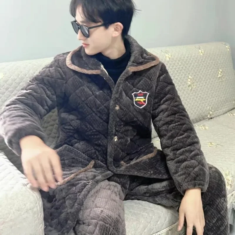 2024 New Winter New Men's Pajamas Warm Polo Collar Cotton Coat Loungewear Diamond Collar Thickened Three Layers Warm Sleepwear