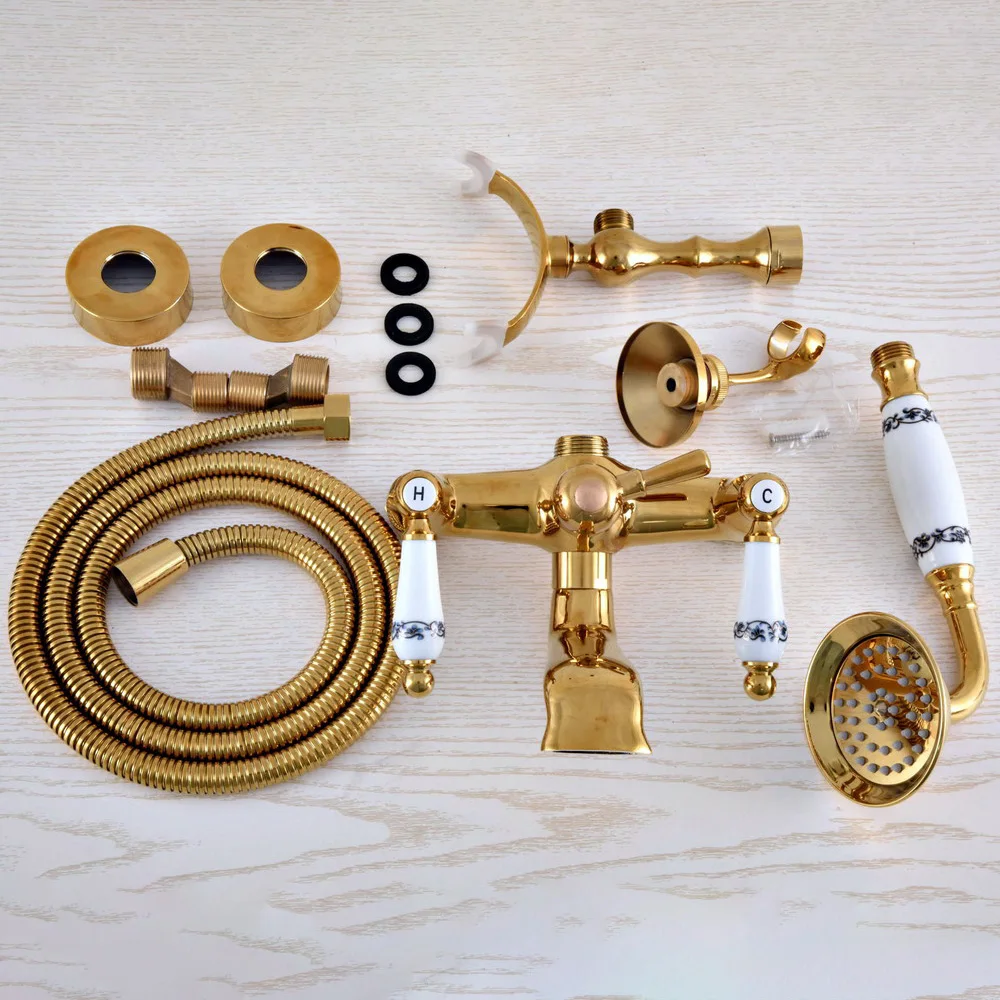 Luxury Gold Color Brass Wall Mount Bathroom Bath Tub Faucet Set WITH/ 1.5M Handheld Shower Spray Head Mixer Tap Dna908