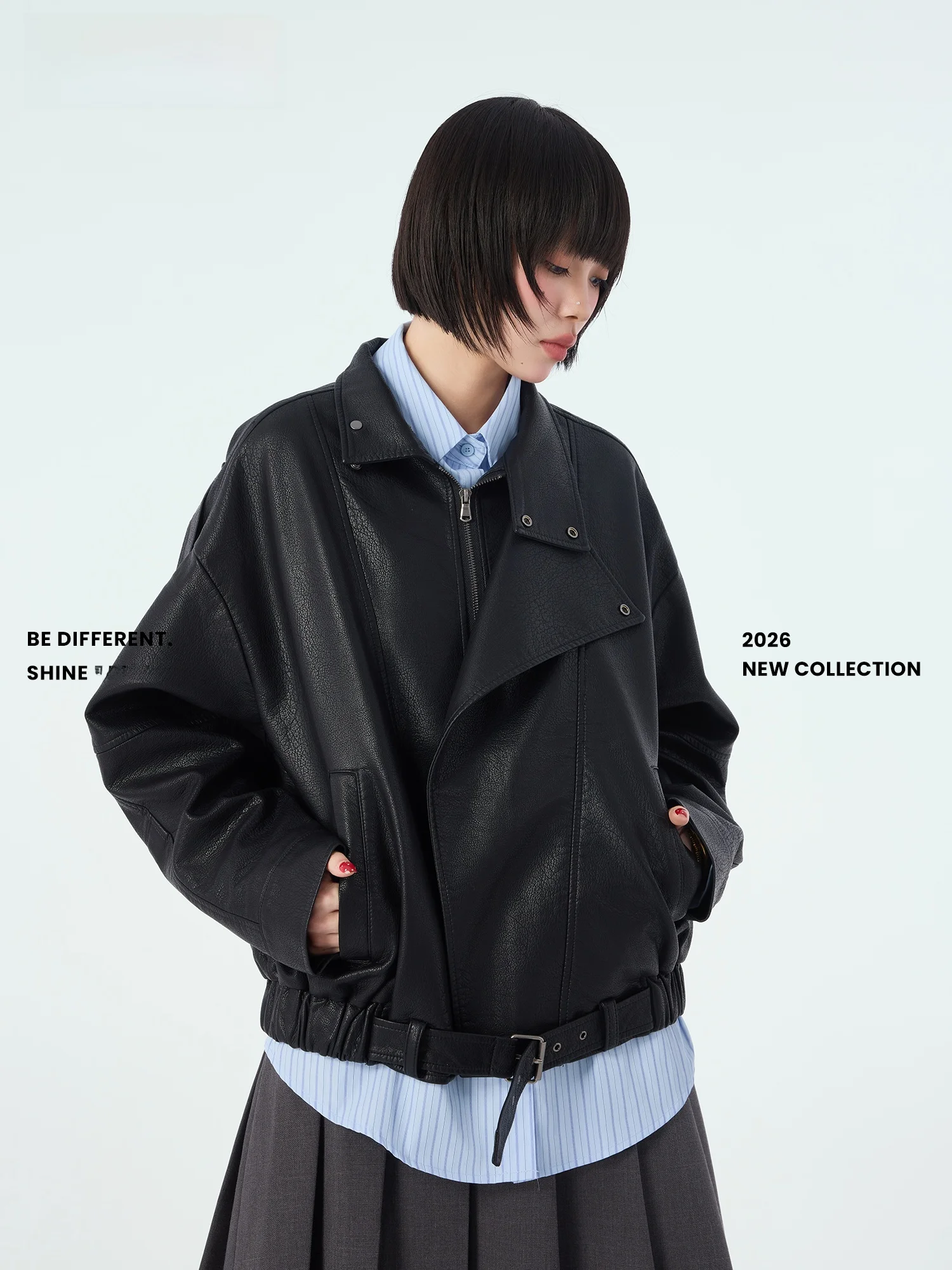 Chaqueta de cuero PU Didimax Spring New Bla para mujer, estilo motociclista, abrigo corto funcional con cremallera de manga larga