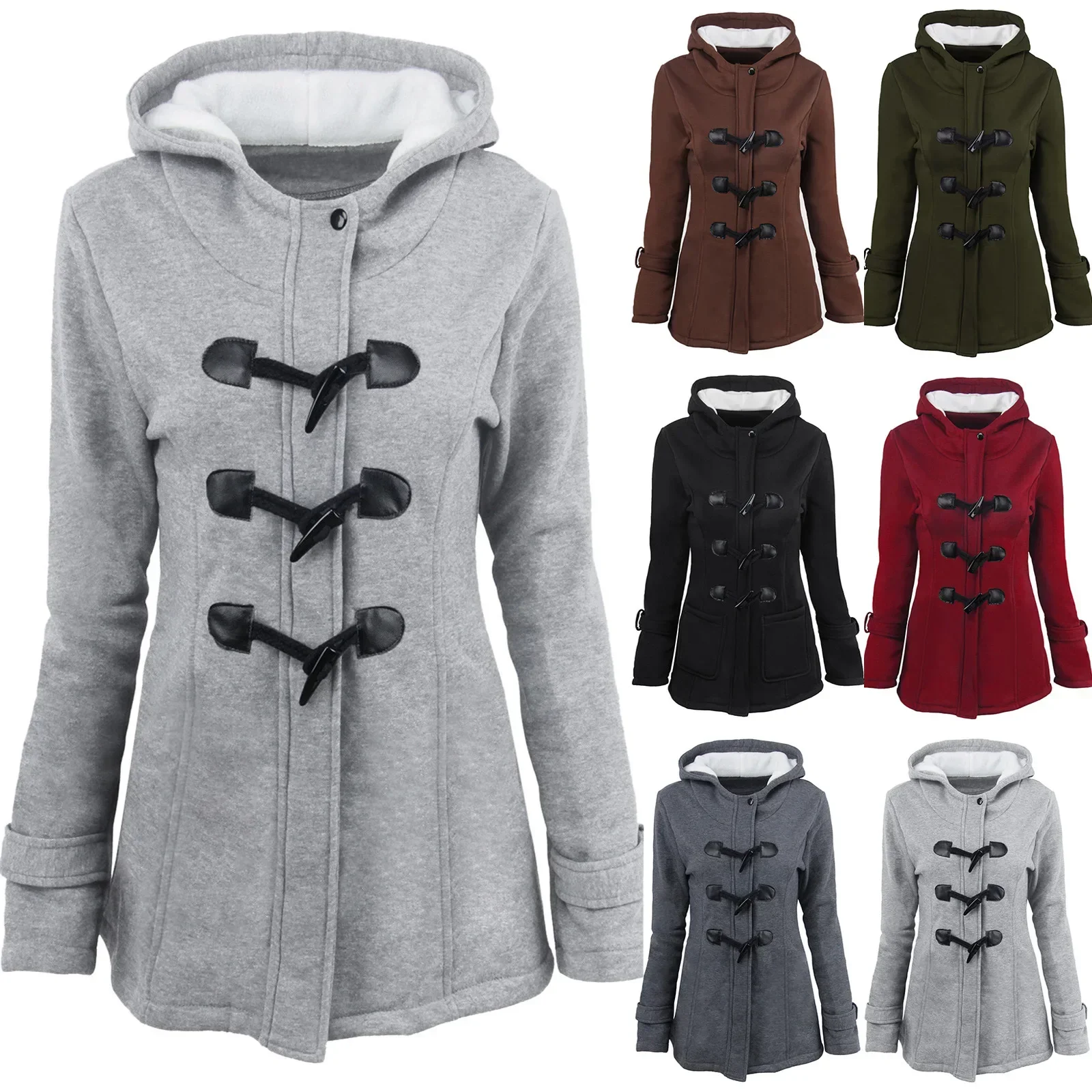 Autumn Winter 2023 Full Sleeve Solid Women Hooded Loose Casual Thick Coats Horn Button Regular Splice Single Breasted Jackets