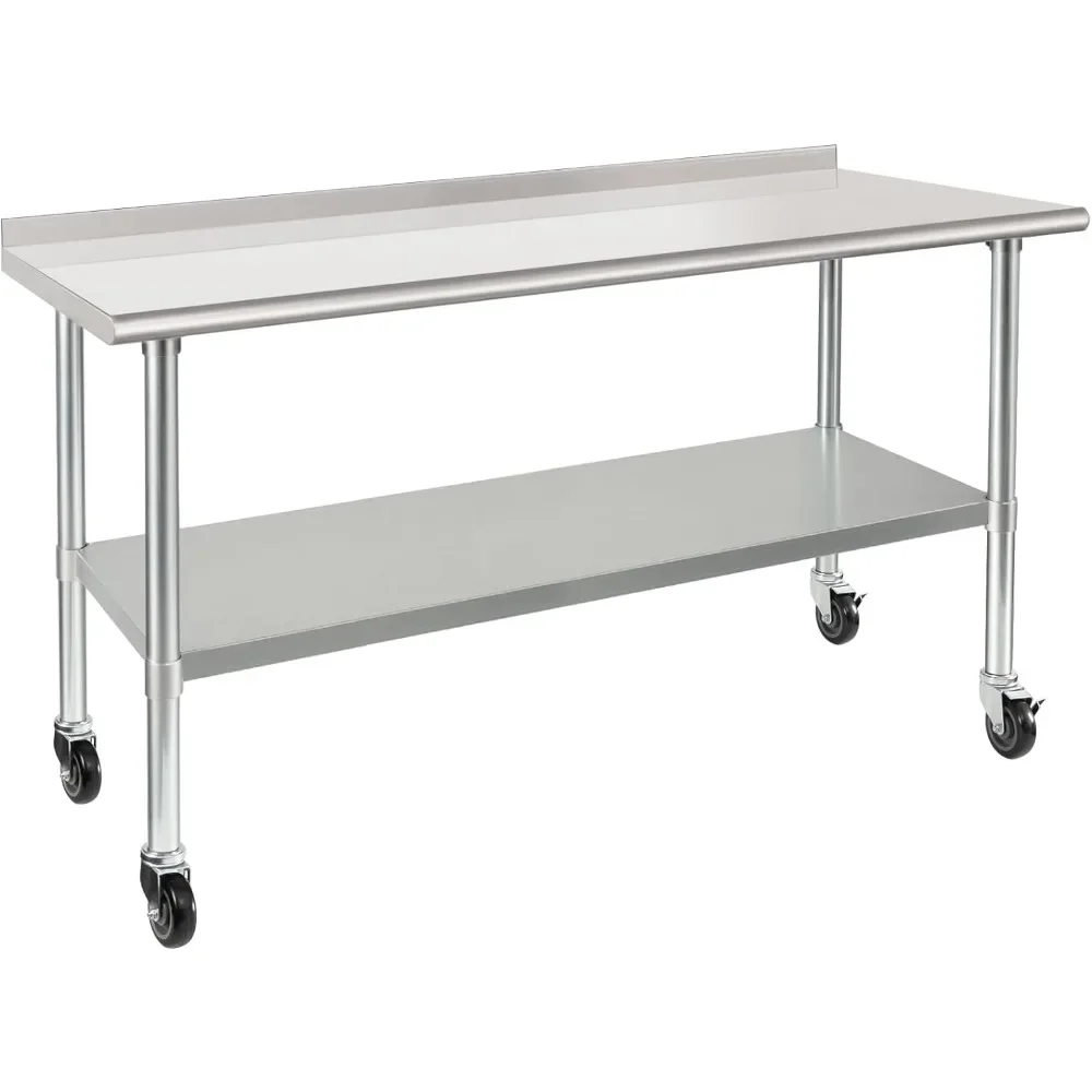 HARDURA Stainless Steel Table 24 x 60 Inches with Wheels Casters NSF Heavy Duty Commercial Prep Table with 2” Backsplash