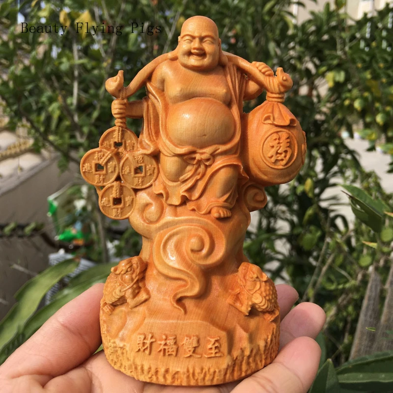 

1pc Cliff Cypress Wood Maitreya Buddha Statue Ornament Living Room Home Decoration Feng Shui Ornaments Woodcarving Handicrafts