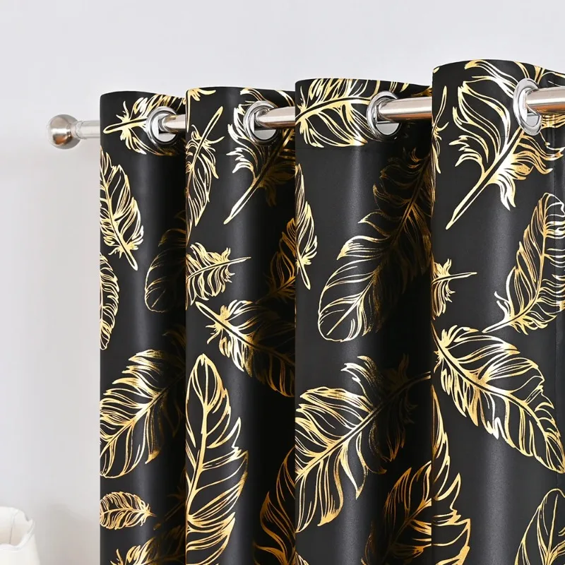 New Gold Stamping Feather Printed Blackout Sheer Curtains Custom Size Luxury Hotel Grade Drapes for Bedroom Living Room Kitchen