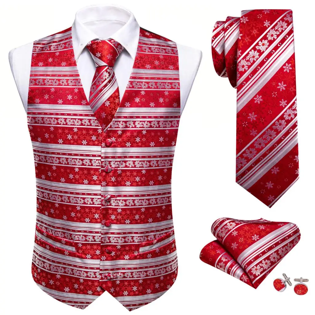 Designer Christmas Festival Vest for Men Silk Red White Snowflake Flower Star Waistcoat Tie Bowtie Set Happy Party Barry Wang