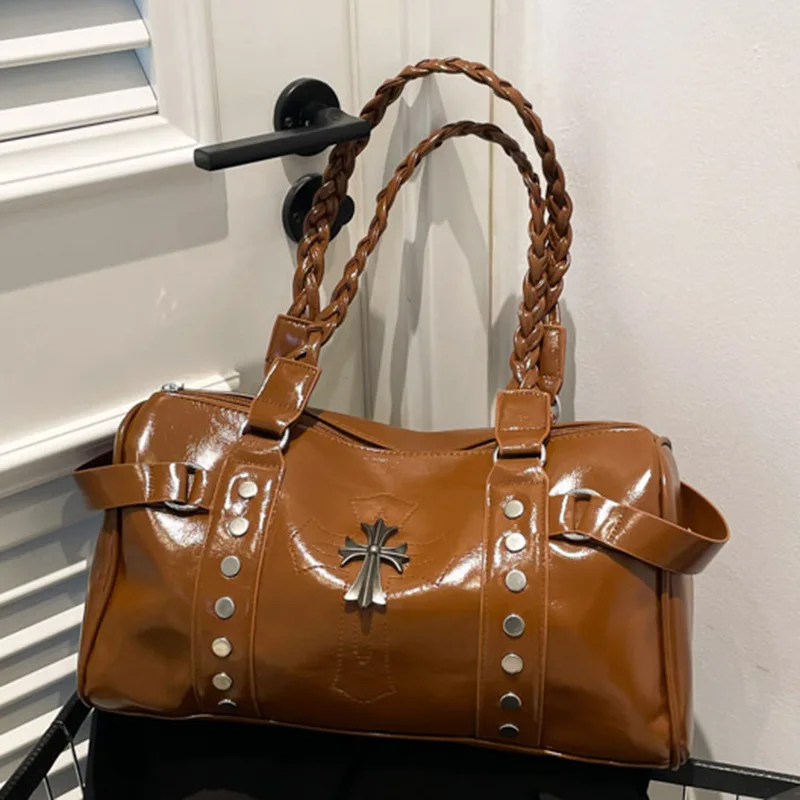 

2025 New Fashion Retro Boston Handbags for Women Lady Designer Braid Belt Shoulder Crossbody Bag for Business Commuter