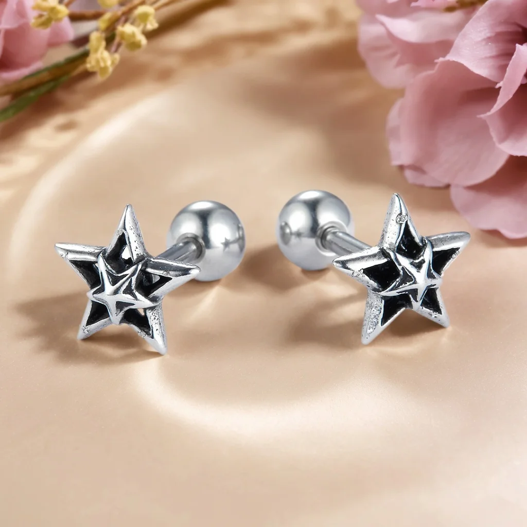 1pc Star Earring Stainless Steel Retro Punk Style Silver Color Streetwear Piercing Cartilage Men's Ear Jewelry For Women CC205