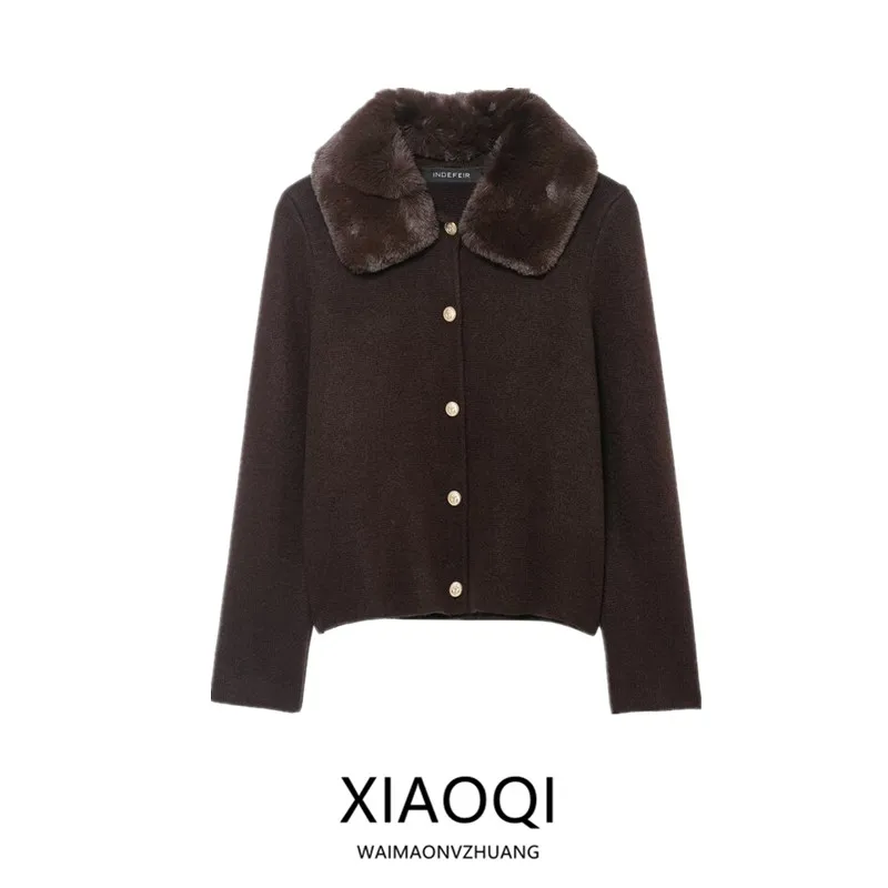 

Winter 2025 New Women's Knitted Coat Collar Artificial Fur Effect Long Sve Button Closure Ladies' ort Outerwear