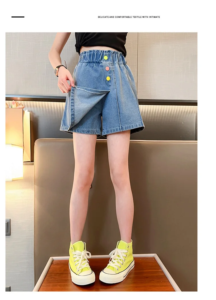 Neue Sommer-Jeansshorts für Kinder, Unterrock für Teenager-Mädchen, Lässiger Rock mit Shorts, Bunte Jeans-Culottes mit Knöpfen für Kinder – Detail 3