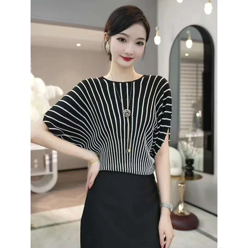 

Офисные женские винтажные полосатые свободные футболки с короткими рукавами и круглым вырезом, летние повседневные шикарные пуловеры Y2k, женские базовые топы