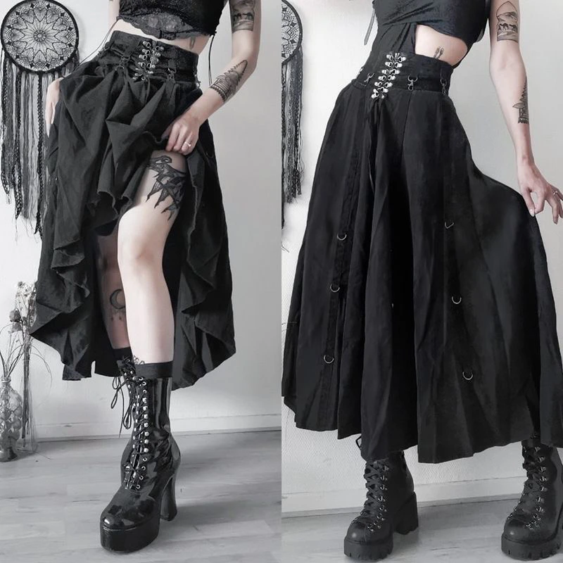 Gothic Style High Waist Half Skirt Music Festival Dancewear Black Long Skirt Two-Way Wear Polyester Fiber Zipper Detail