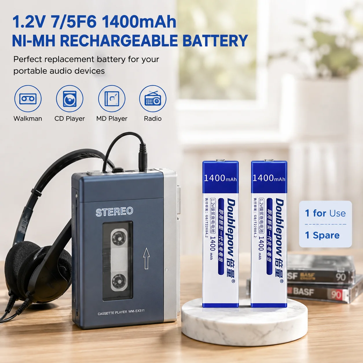 1-4 SZT. 1.2V 7/5F6 1400mAh Akumulator Ni-MH w kształcie gumy do Walkmana, odtwarzacza MD, CD, kasetowego, przenośnego odtwarzacza audio — zdjęcie produktu 6