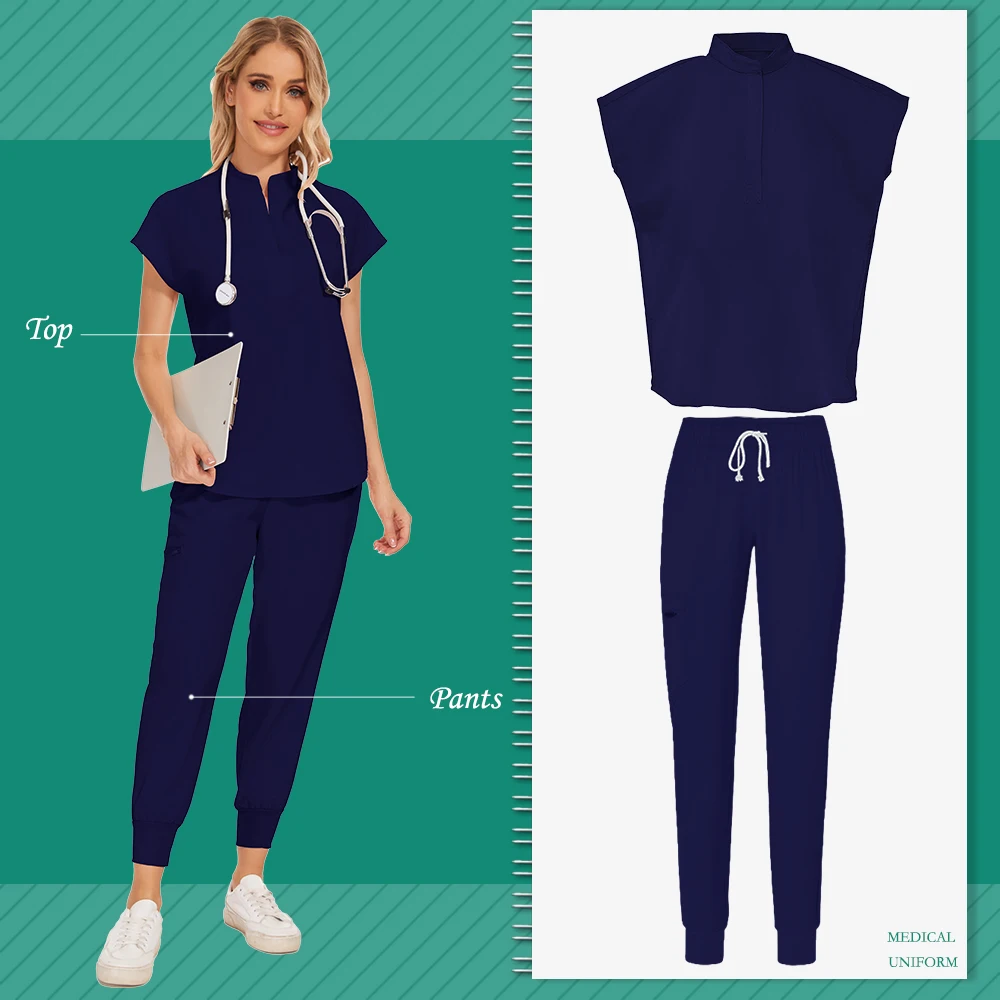 Medizinische Kleidung für Frauen, Krankenschwester-Uniformen, OP-Bekleidungsset, Krankenhaus-Arbeitskleidung, Großhandel, medizinische neue blaue Overalls, Unisex, solide Uniform – Detail 9
