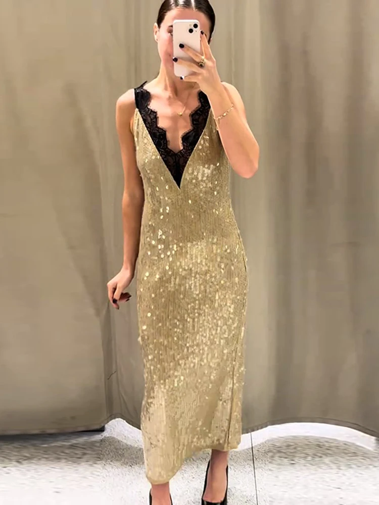 plus size glitter dress Long V-Neck Metallic by Poly USA W1048 – ABC Fashion D9344 main image 0