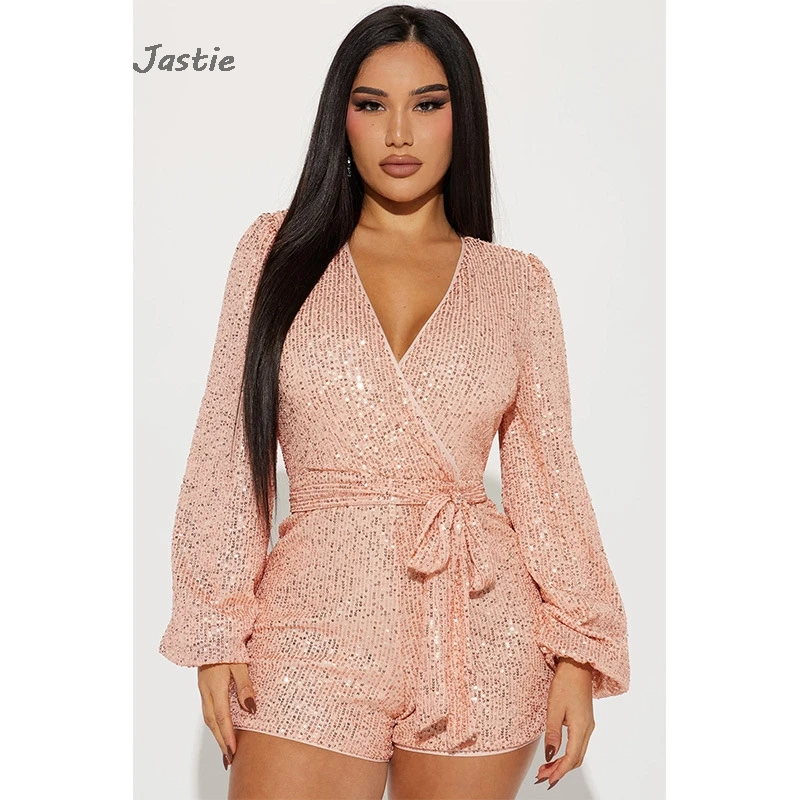 Solid Sequin Fashion Women\'s Jumpsuit Shorts Sexy Deep V-neck Long Sleeve Belt Shorts Sets Summer Party Nightclub Woman Clothes