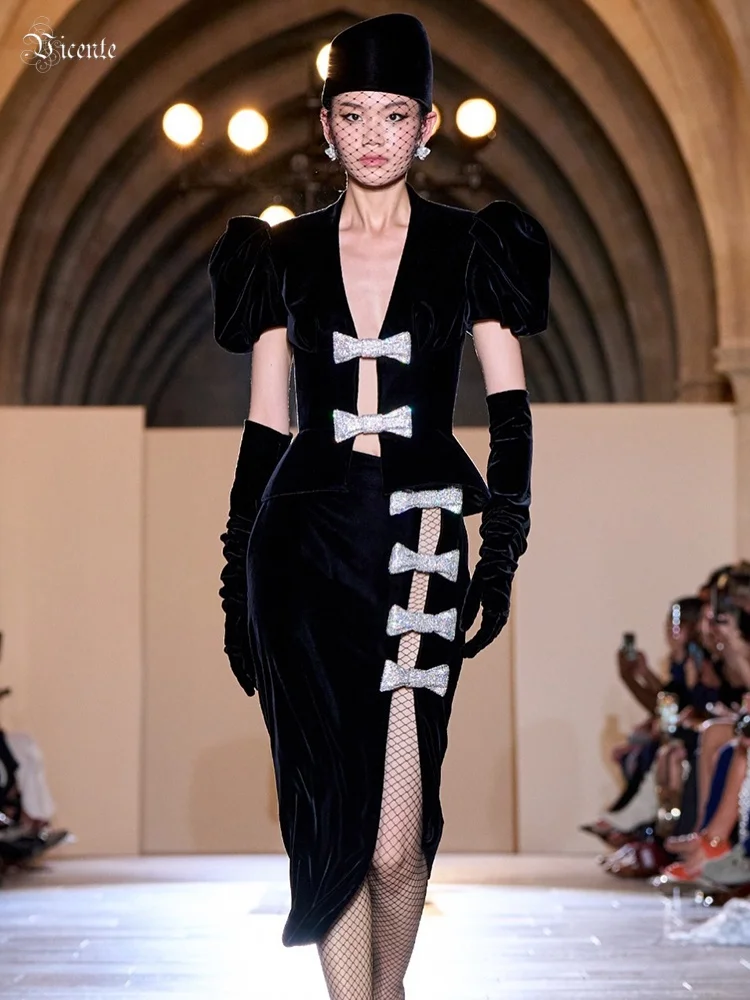 VC Sophisticated Black Deep V Neck Velvet Dress with Puffy Sleeve Top Sparkling Bows and Matching Gloves for Formal Galas