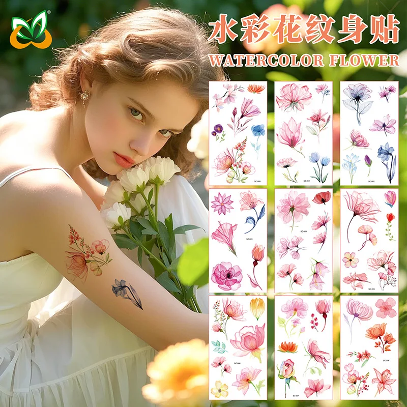 

New high-end watercolor flower tattoo sticker for summer waterproof sweat, fresh collarbone shoulder decoration tattoo sticker