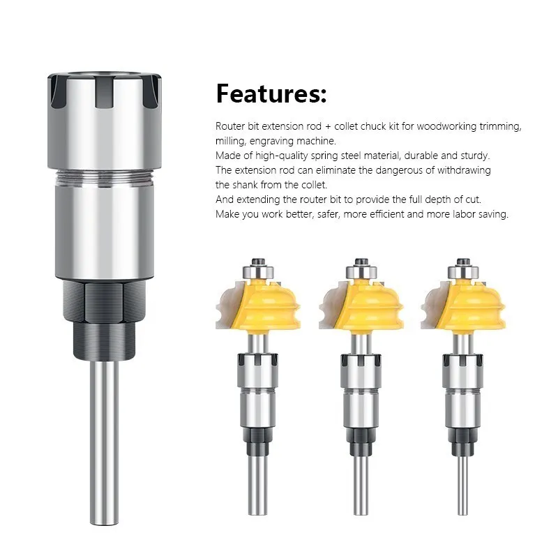 Router Bit Adapter Extension 1/4inch 1/2inch 8mm Shank with ER Collet Chuck ER16 ER20 for Milling Cutter CNC Machine Tool Holder