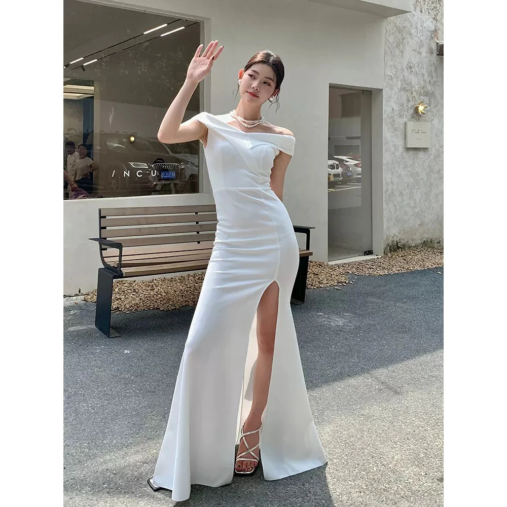 DSP Off Shoulder Satin Dress for Prom 2024 Mermaid Slit Formal Dress Women's Wedding Party Dresses