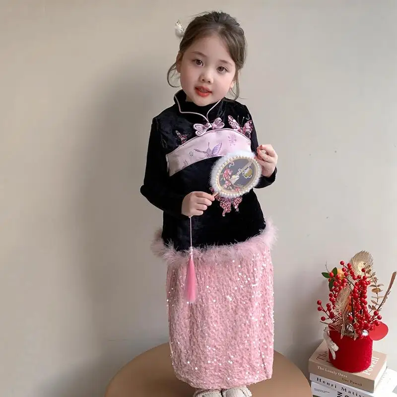 Girl Thicken Vest Sweater Skirt Three-Piece Set Autumn Winter Tops Suit Child Versatile Kawaii Fashion New Style Casual Clothing
