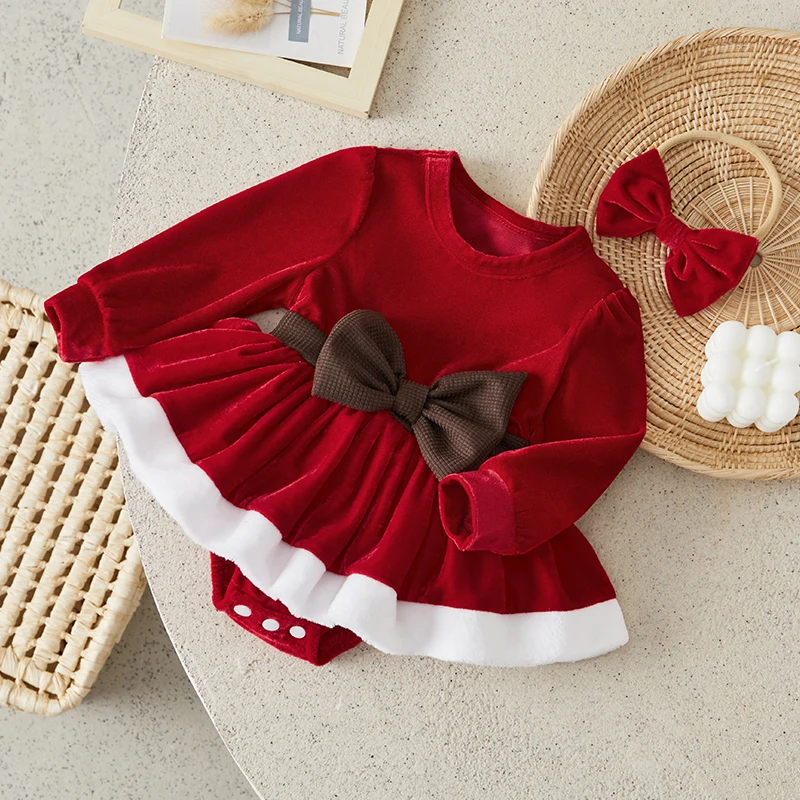 Suefunskry Baby Girls Christmas Outfits Long Sleeve Terry Trim Velvet 3D Bow Romper Dress + Headband Set Newborn XMAS Clothes