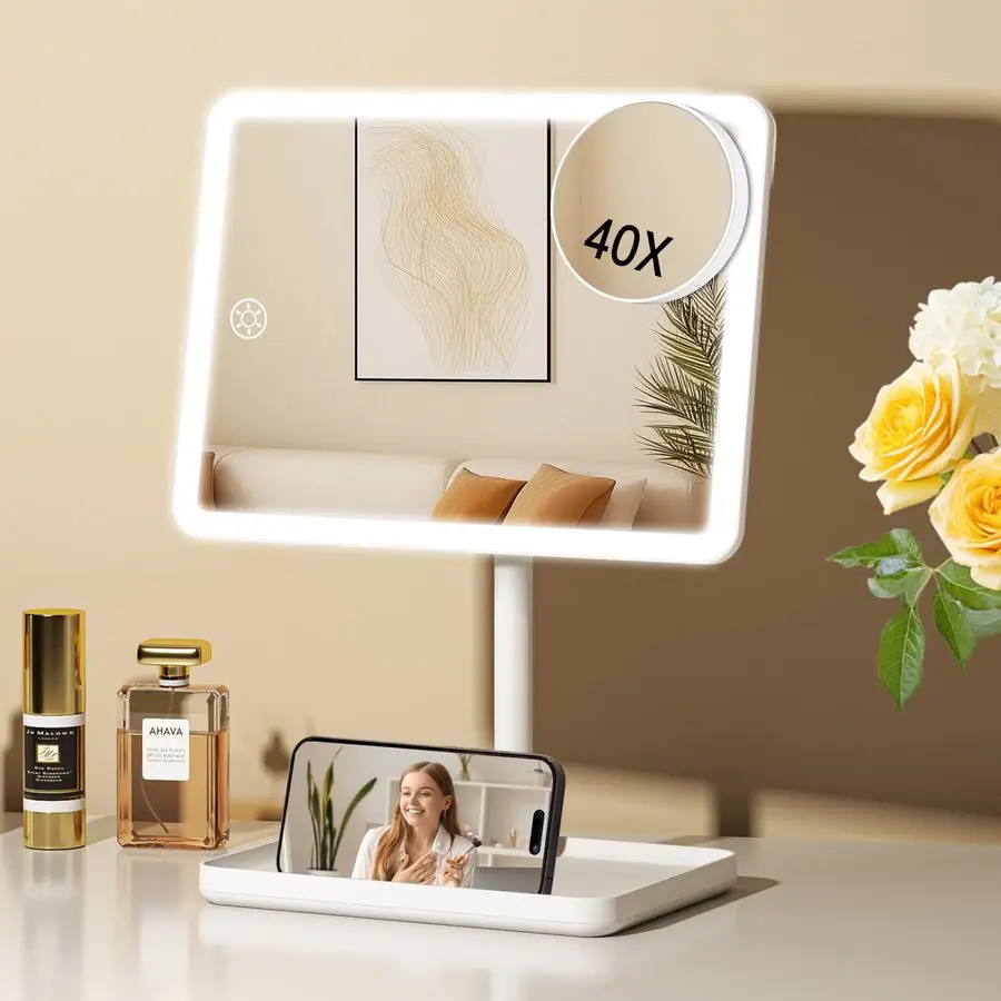 

Vanity Mirror with Lights, Rechargeable Makeup Mirror with Lights,Smart Touch with 3Color Lighting, Dimmable, Detachable 40X Mag