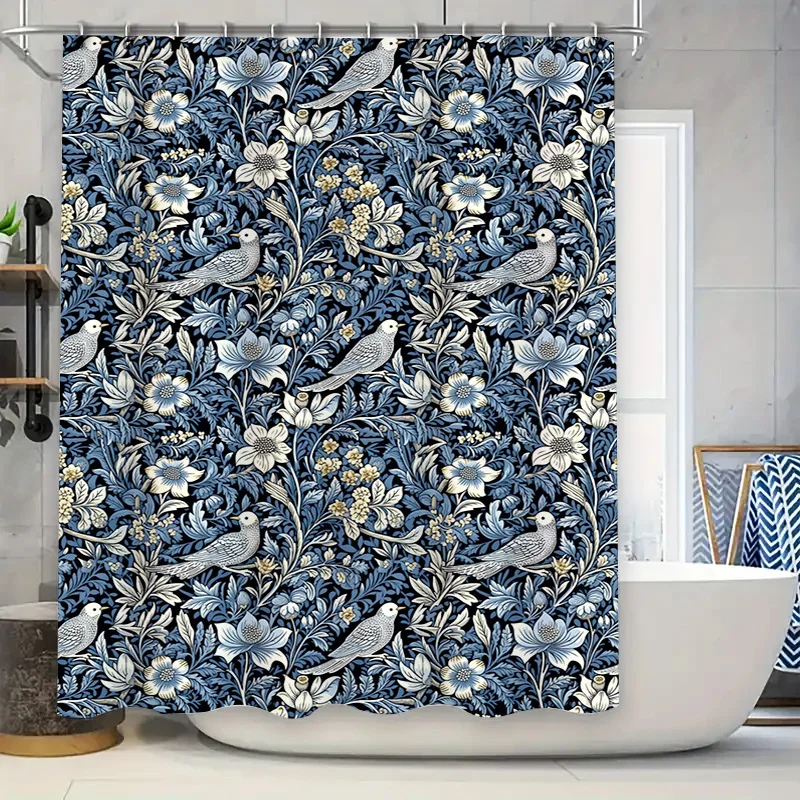 Classic Floral Birds Shower Curtain Blue White Black Waterproof Bath Decor Home Decoration Wall Hanging for Bathroom Kitchen L