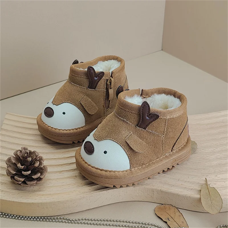 2024 New Winter Baby Shoes Leather Warm Plush Animal Cartoon Shoes Non-slip Rubber Sole Fashion Toddler Girls Boys Boots 15-25