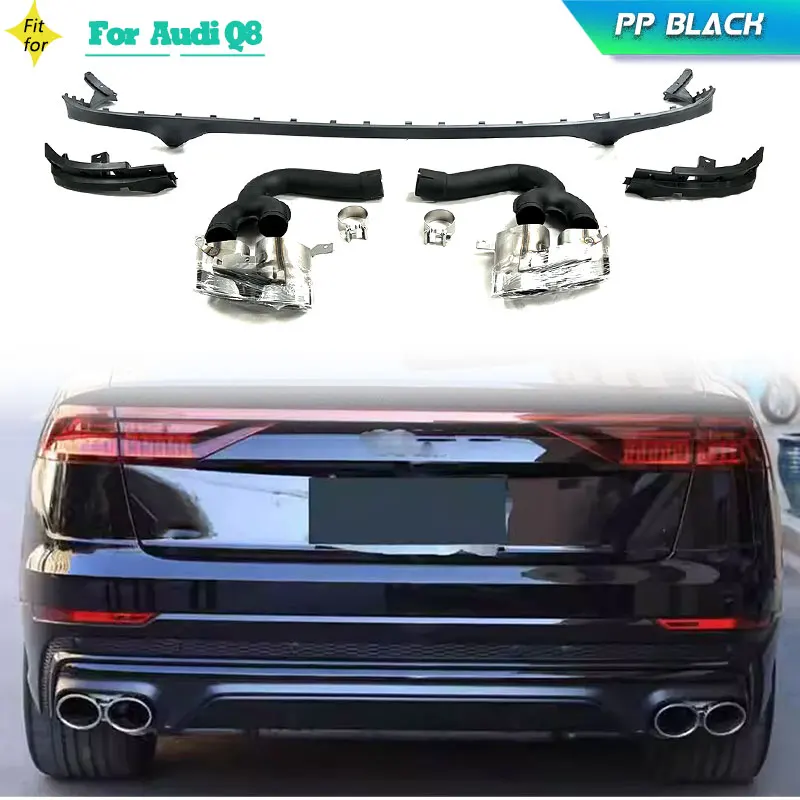 PP Car Rear Bumper Diffuser Lip Spoiler for Audi Q8 Sport Utility 4-Door 2019-2022 Rear Diffuser Lip With Exhaust Tips Body Kits