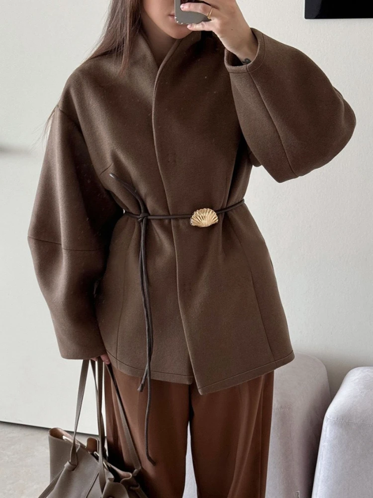 

Chic Women's Solid Woolen Coat Elegant Full Sleeves Waist Tie Loose Outfit Fashionable Autumn Commuting Daily Lady Street Jacket