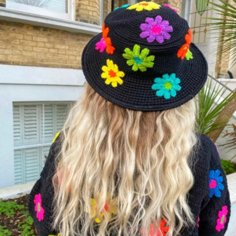 Flower Bucket Hat Daisy Crochet Hats For Women Lightweight Floral Fisherman Hat Summer Sun Hat Wide Brim Sunscreen Cap