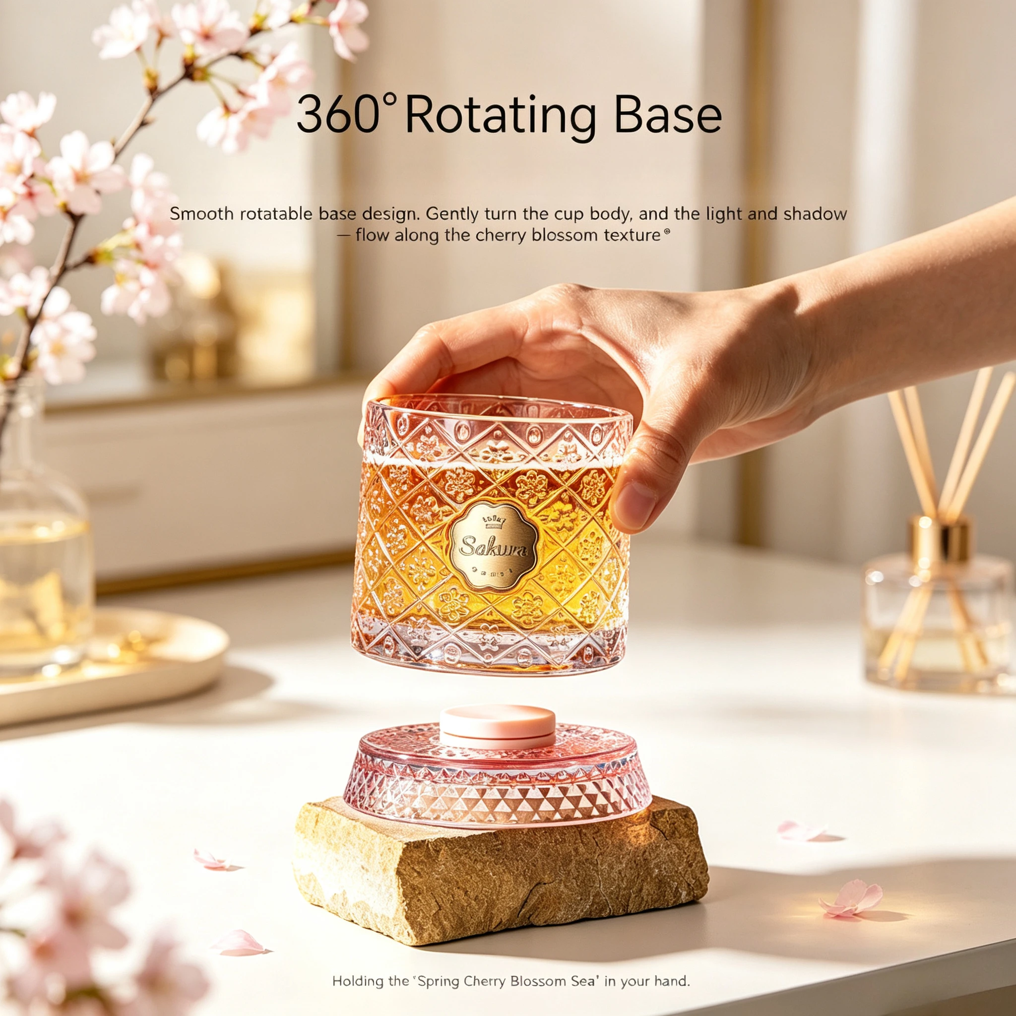 Rotating Sakura Glass Cup, Pink Embossed Drinking Glass, Juice Beer Water Cup, Elegant Tabletop Drinkware Gift
