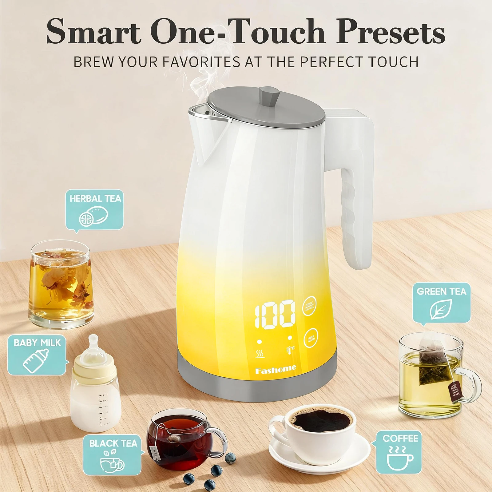 Modischer elektrischer Wasserkocher mit 5 Temperaturregelungen, 1,25 l, automatische Abschaltung, Kaffee- und Teekanne aus Edelstahl, Küchenhelfer