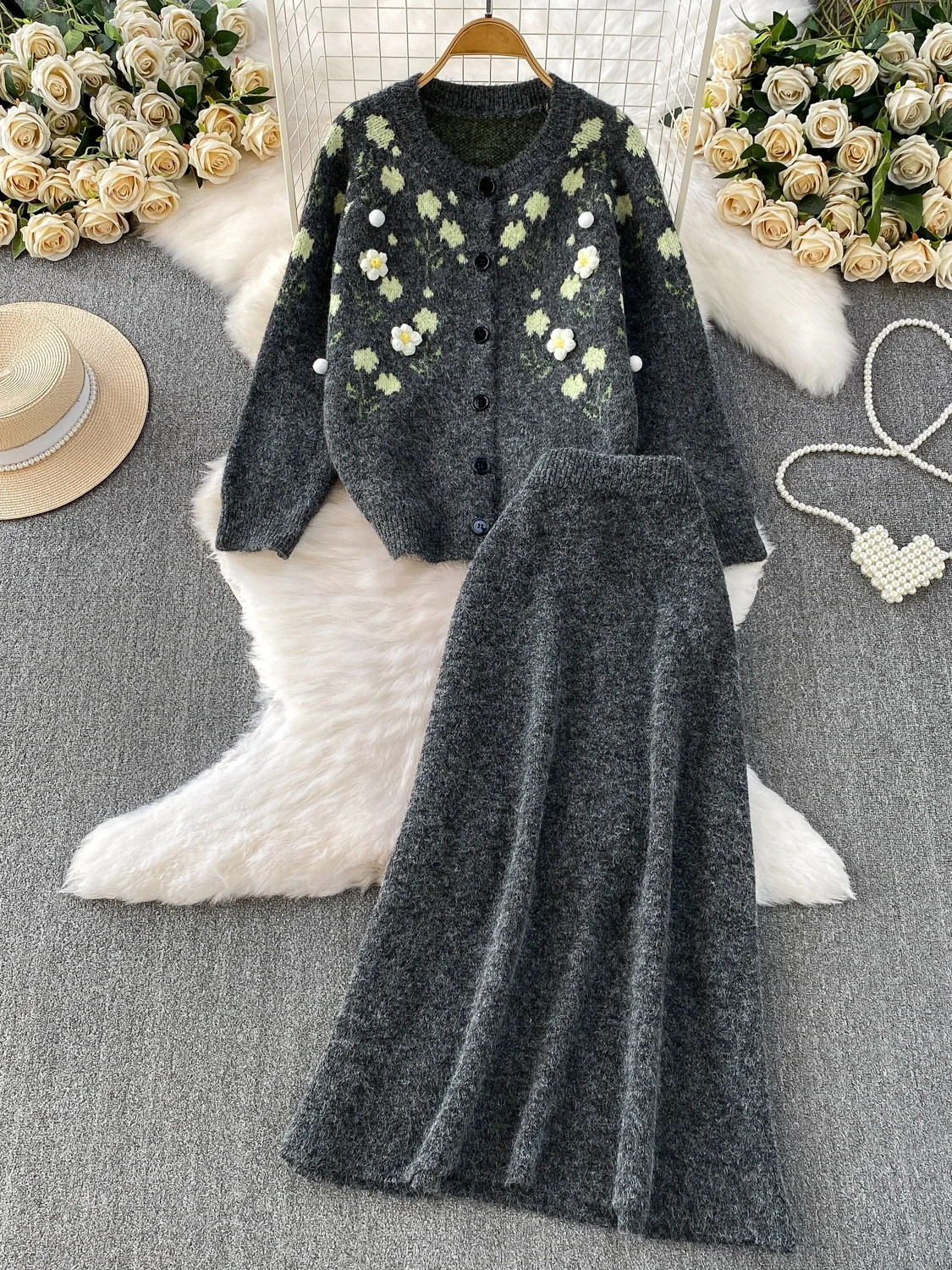 Ele Winter-Outfit, gestrickt, FCE Jaet und Midirock mit hoher Taille, Set mit gestickten 3D-Blumen, lockere Passform, bequem