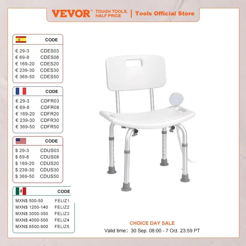 

VEVOR Shower Chair Shower Seat with Back Adjustable Height Shower Stool Shower Chair for Inside Shower Bathtub 350 lbs Capacity