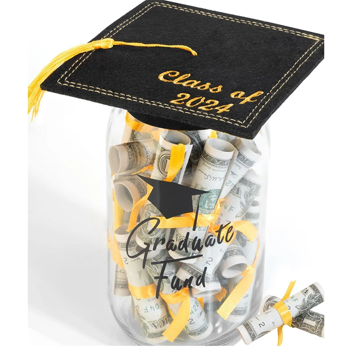 Graduation Gifts 2024 - DIY Graduation Mason Jar - Filled with Money & Class of 2024 Cap Kit - Graduation