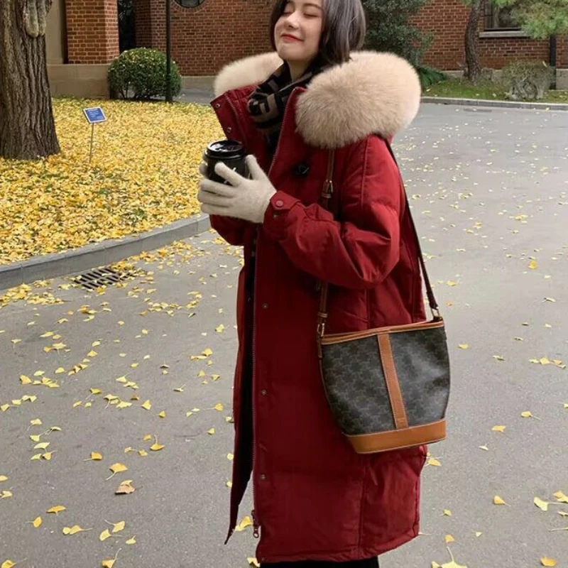 

2023 New Women Down Cotton Coat Winter Jacket Female Long Over The Knee Outwear Loose Thicken Warm Outcoat Fashion Hooded Parkas